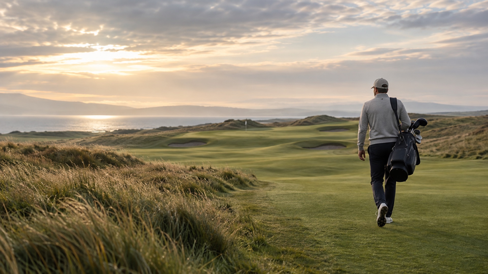 A golfer walking thoughtfully down a links fairway