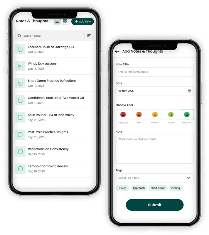 MyProCaddy notes list and reflection entry screens